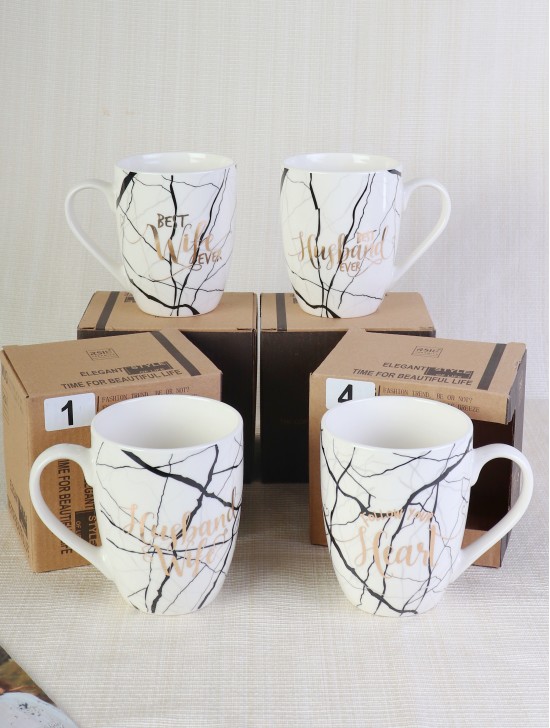 Husband Wife Marble Patterned Mug Set (4ps) With Gift Box 350ml (12oz)